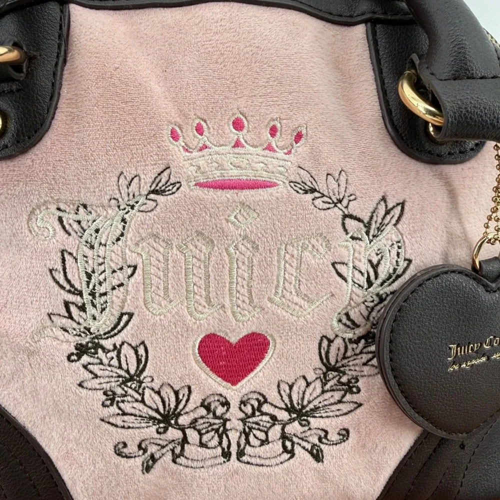Juicy Couture Pink Velour Black Trim Satchel Crossbody Dome Satchell Bag‎